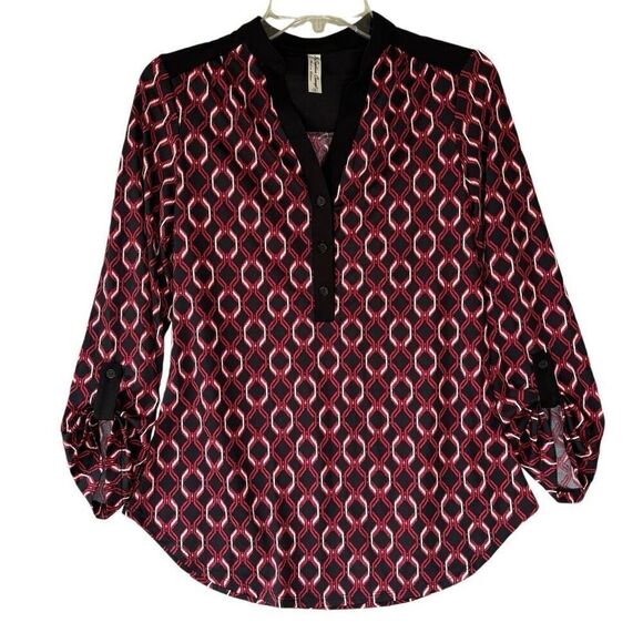 PerSeption Concept Red Maroon White Black Chain Print Blouse Top V Neck Size S - Picture 1 of 9